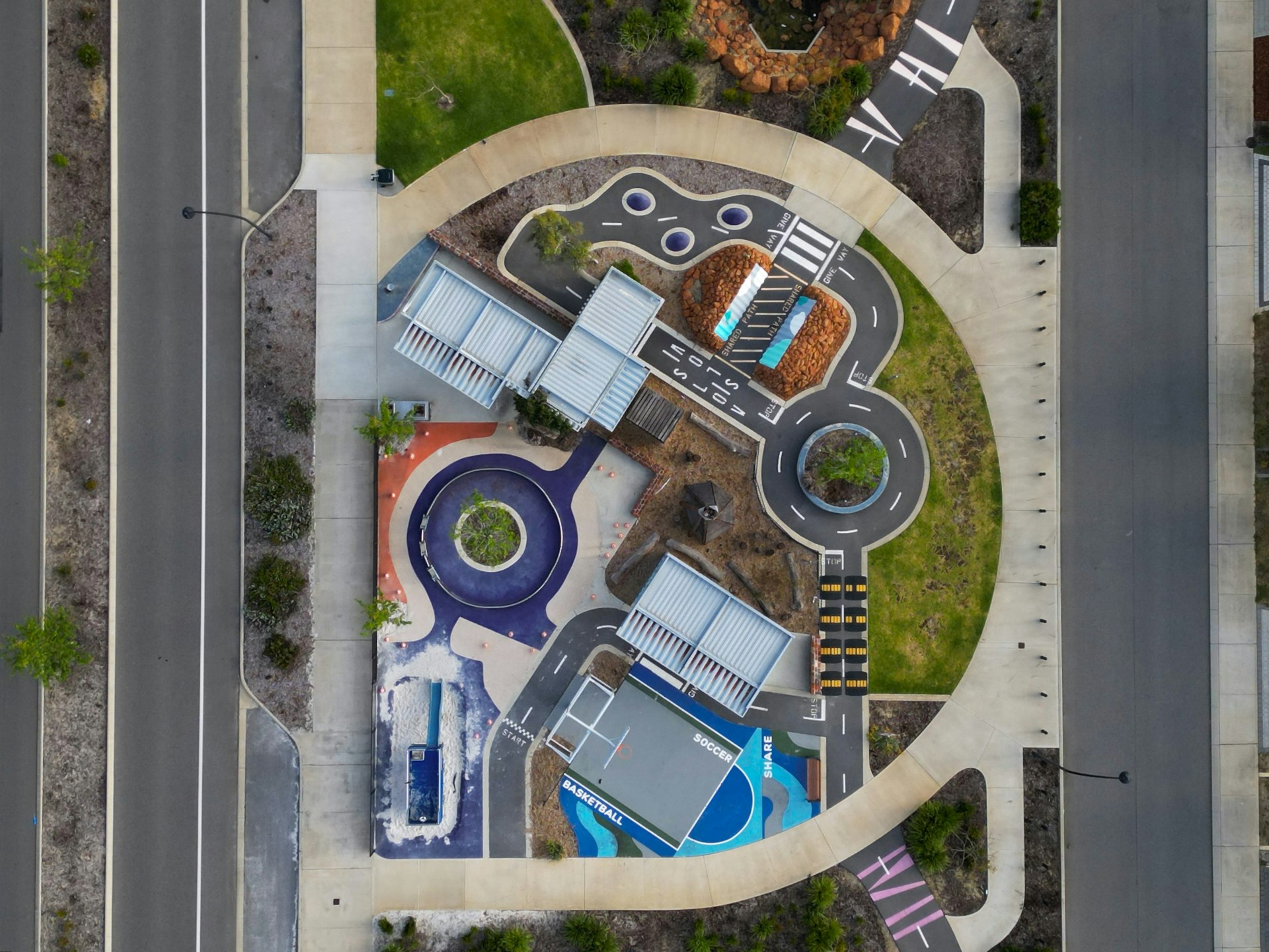 An aerial view of a parking lot in a city